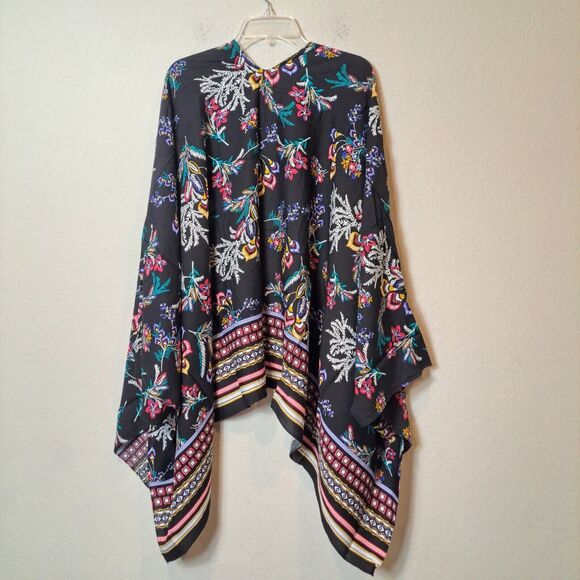 Kollie More 100% Viscose Black Floral Shawl Poncho Coverup Lightweight One Size - Picture 9 of 14